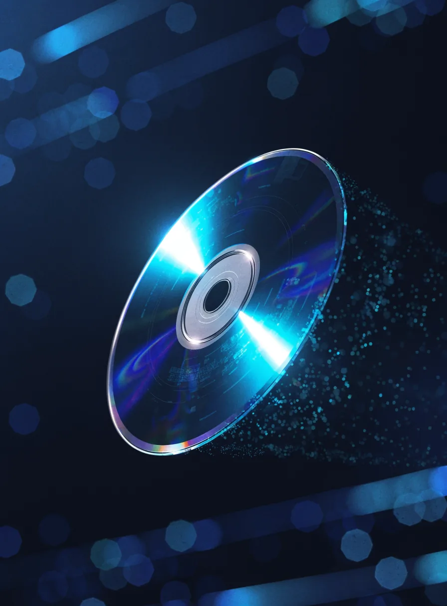 A glowing holographic game disc floating in dark cinematic space with NFT-style circuitry