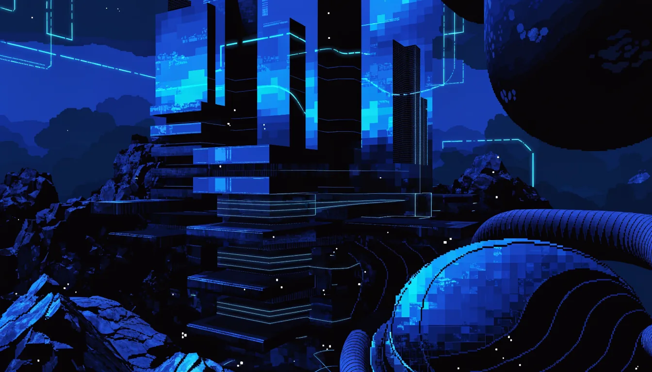 A stylized digital landscape representing AI-generated game worlds, abstract pixel art blending with neon circuitry